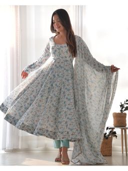 SAJAVAT ETHENIC WEAR - Womens Premium Sky Blue Printed Anarkali Kurta and Pant with Dupatta