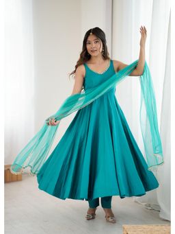 SAJAVAT ETHENIC WEAR - Womens Premium Sky Anarkali Kurta and Pant with Embellished Net Dupatta
