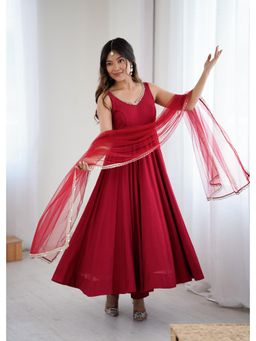 SAJAVAT ETHENIC WEAR - Premium Maroon Designer Anarkali Kurta and Pant with Net Dupatta