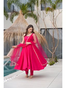 SAJAVAT ETHENIC WEAR - Elegant Pink Anarkali Kurta Pant and Pant with Embellished Net Dupatta