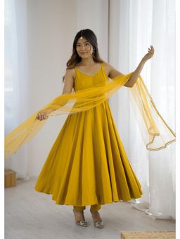SAJAVAT ETHENIC WEAR - Designer Yellow Full Flare Anarkali Kurta and Pant with Fancy Net Dupatta
