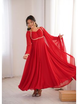 SAJAVAT ETHENIC WEAR - Womens Ruby Red Anarkali Kurta with Dupatta