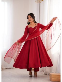 SAJAVAT ETHENIC WEAR - Womens Designer Maroon Flared Anarkali and Pant with Net Dupatta