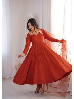 SAJAVAT ETHENIC WEAR - Elegant Orange Anarkali Suit and Pant with Soft Net Dupatta