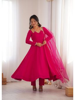 SAJAVAT ETHENIC WEAR - Womens Traditional Pink Anarkali and Pant with Dupatta