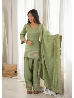 SAJAVAT ETHENIC WEAR - Womens Sage Green Embroidered Kurta Salwar with Dupatta