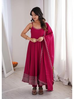 SAJAVAT ETHENIC WEAR - Womens Rani Pink Embroidered Anarkali Kurta and Pant with Dupatta