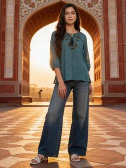 Rangita - Women Teal Embroidered Short Tunic