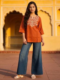 Rangita - Women Rust Embroidered Short Tunic
