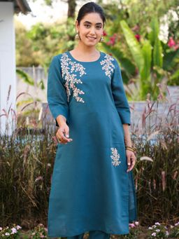 ARAMYA - Chanderi Straight Solid Kurta for Women - Teal