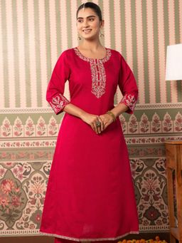 ARAMYA - Chanderi Straight Solid Kurta for Women - Red