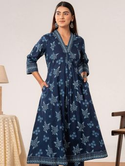 ARAMYA - Soft cotton Anarkali Floral Print Kurta for Women - Indigo