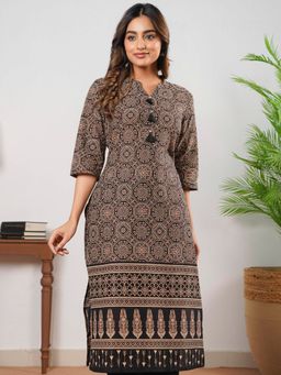 ARAMYA - Soft Cotton Straight Ajrakh Print Kurta for Women - Black