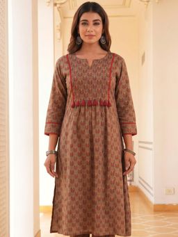 ARAMYA - Soft cotton Flared Block Print Kurta for Women - Grey