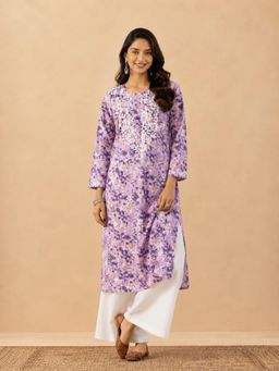 Poshak Chikan Studio - Womens Hand-Embroidered Lucknowi Chikankari Mulmul Kurta - Purple