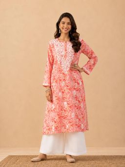Poshak Chikan Studio - Womens Hand-Embroidered Lucknowi Chikankari Mulmul Straight Kurta - Red