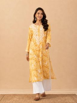 Poshak Chikan Studio - Womens Hand-Embroidered Lucknowi Chikankari Mulmul Kurta - Yellow