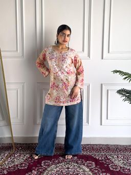 Poshak Chikan Studio - Women’s Hand-Embroidered Lucknowi Chikankari Mulmul Short Kurti - Red