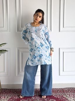 Poshak Chikan Studio - Women’s Hand-Embroidered Lucknowi Chikankari Mulmul Short Kurti - Blue