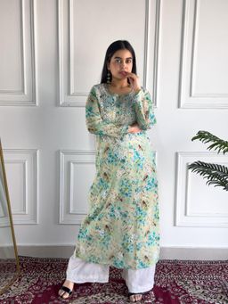 Poshak Chikan Studio - Womens Hand-Embroidered Lucknowi Chikankari Mulmul Straight Kurta - Green