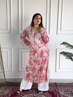 Poshak Chikan Studio - Womens Hand-Embroidered Lucknowi Chikankari Mulmul Straight Kurta - Pink