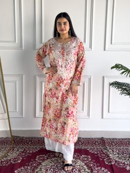 Poshak Chikan Studio - Womens Hand-Embroidered Lucknowi Chikankari Mulmul Straight Kurta - Red