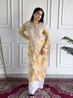 Poshak Chikan Studio - Womens Hand-Embroidered Lucknowi Chikankari Mulmul Kurta - Yellow