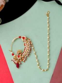 Silvermerc Designs - Gold Plated Red & White Pearls Chained Meenakari Nose Ring