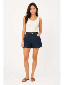 Cider - Solid Wave Trim Women's Regular Fit Denim Shorts Dark Denim