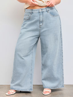 Cider - Denim Solid Women's High-Waist Wide-Leg Jeans Baby Blue