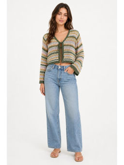 Cider - Striped Lace-Up Women Oversized V-Neck Cardigan Multi-Color