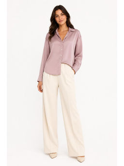 Cider - Satin Collar Women's Oversized Solid Button-Down Shirt Pink