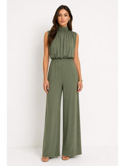 Cider - Women's Ruched High Neck Zipper Jumpsuit Light Green