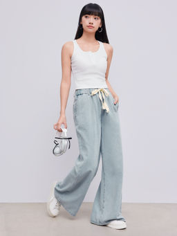 Cider - Petite Denim Women's High Waist Tie-Up Wide Leg Trousers Blue