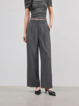 Cider - Petite Women's Mid-Waist Pleated Straight-Leg Trousers Grey