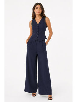 Cider - Women's V-Neck Button Front Wide-Leg Jumpsuit Navy Blue