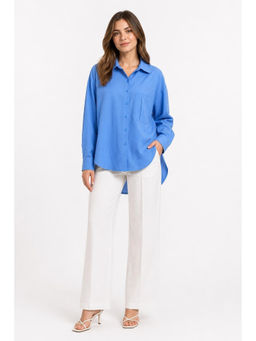 Cider - Cotton Women's Oversized Solid Collar Button-Down Shirt Blue