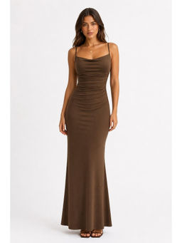 Cider - Cowl Neck Women's Ruched Backless Maxi Dress Brown