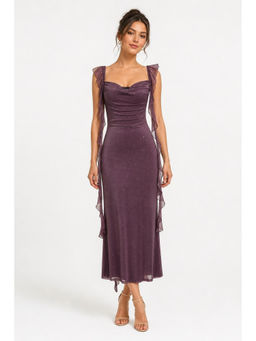 Cider - Solid Glitter Women’s Cowl Neck Ruffle Hem Maxi Dress Berry