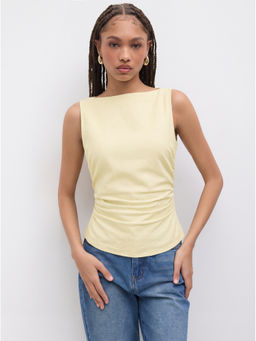Cider - Linen Blend Women’s Boat Neck Bowknot Tank Top Yellow