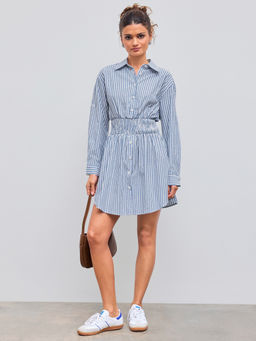 Cider - Cotton Blend Women Striped Shirred Mini Shirt Dress White