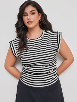 Cider - Cotton Blend Women Striped Ruched Round Neck Top Black & White