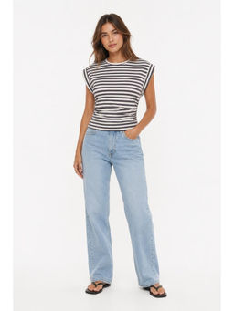 Cider - Cotton Blend Women Striped Ruched Round Neck Top Grey