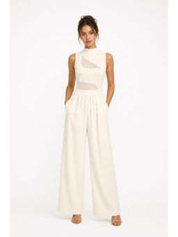 Cider - Women's High Neck Cut-Out Wide-Leg Jumpsuit Beige