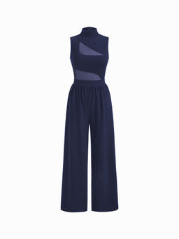 Cider - Solid Women's Cut-Out High Neck Wide-Leg Jumpsuit Navy Blue