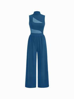 Cider - Solid Women's High Neck Cut-Out Wide-Leg Jumpsuit Indigo