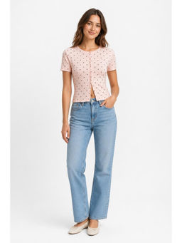 Cider - Women's Polka Dot Round Neck Button Front Top Pink