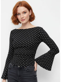 Cider - Solid Ruched Women's Boat Neck Full Sleeves Tee Black