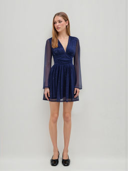Cider - Mesh V-Neck Women's Glitter Ruched Romper Navy Blue