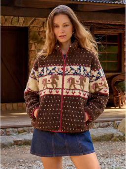 Cider - Fleece Collar Women's Oversized Graphic Jacket Chocolate